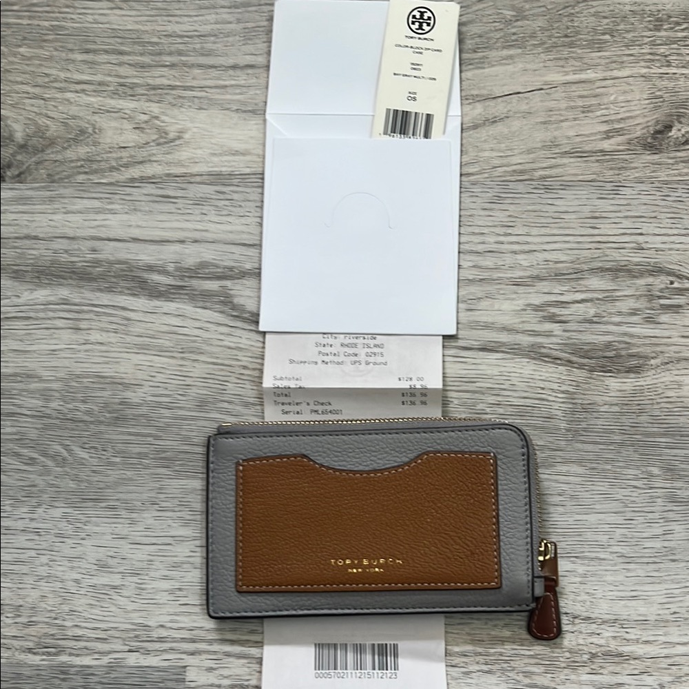 Tory Burch Gray and Tan Card Holder